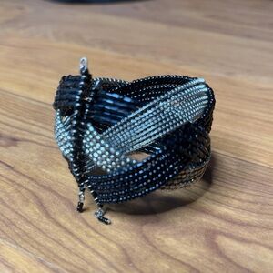 Black Silver Woven Beaded Cuff Bracelet Stretch Sizing Bead Gothic Mixed Media